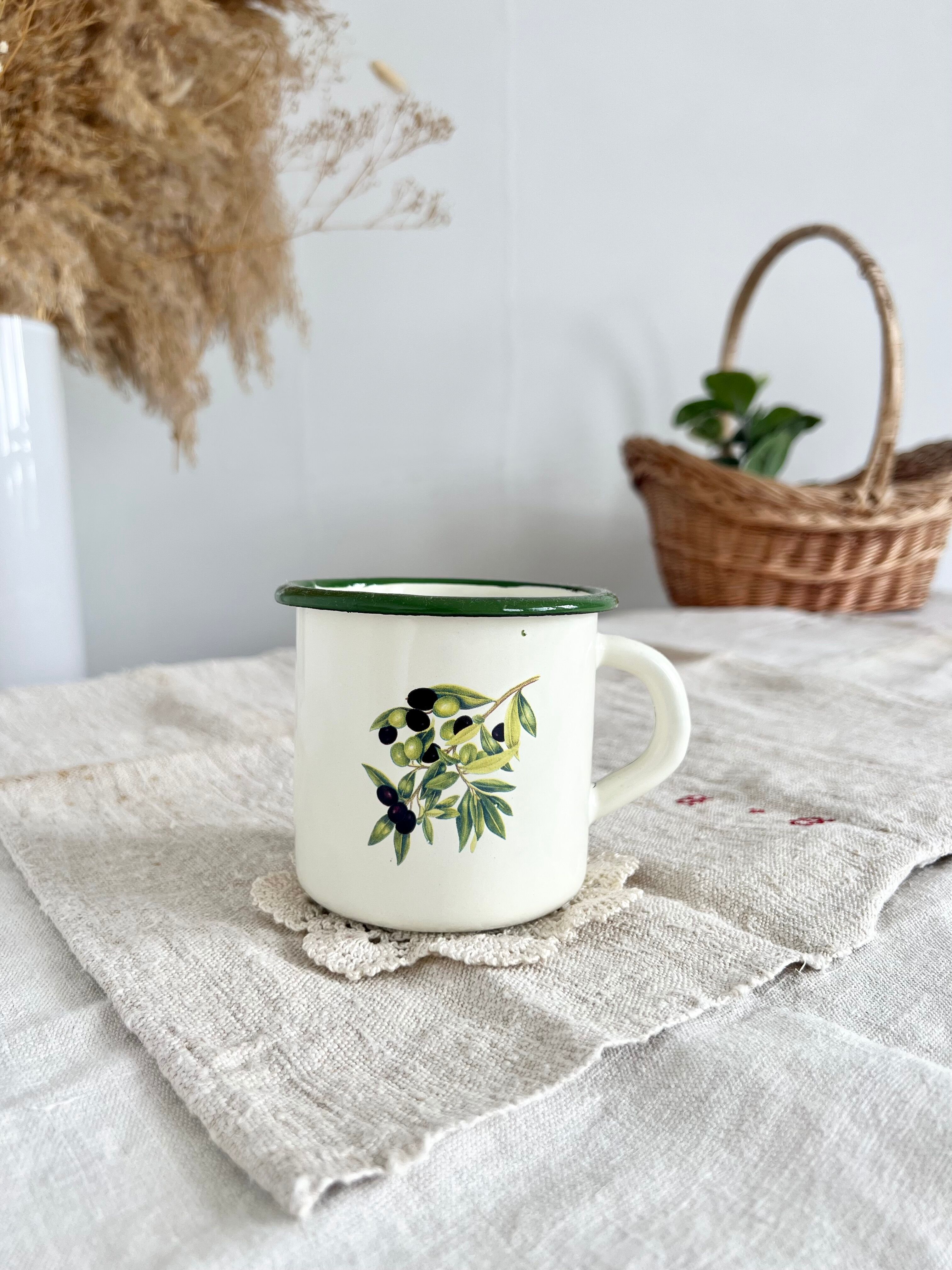 Vintage beige enamelled cup green border olive branch pattern rustic style