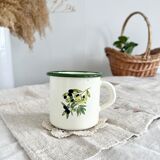 Vintage beige enamelled cup green border olive branch pattern rustic style