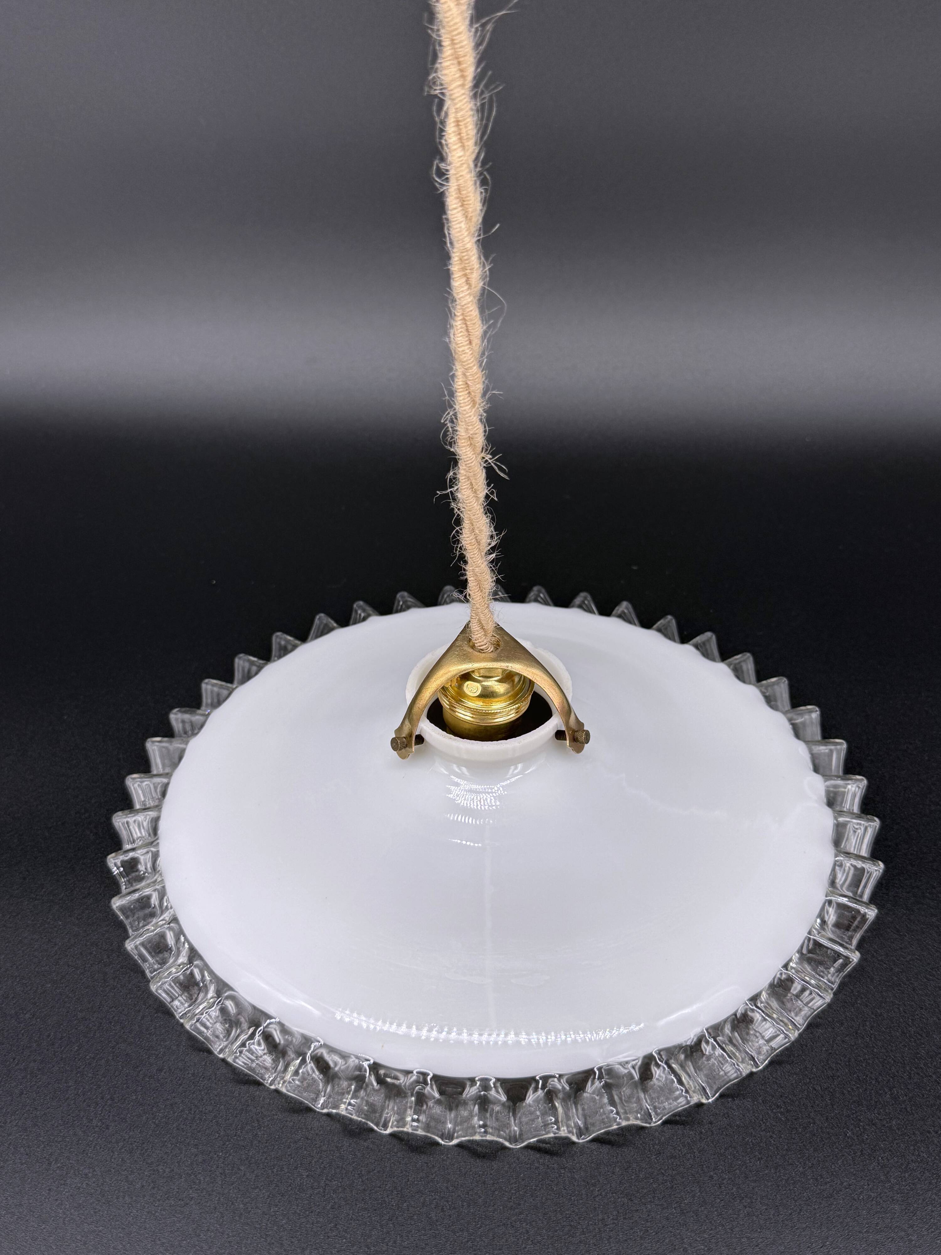 Vintage white opaline pendant light with scalloped edge – raffia and silk cable