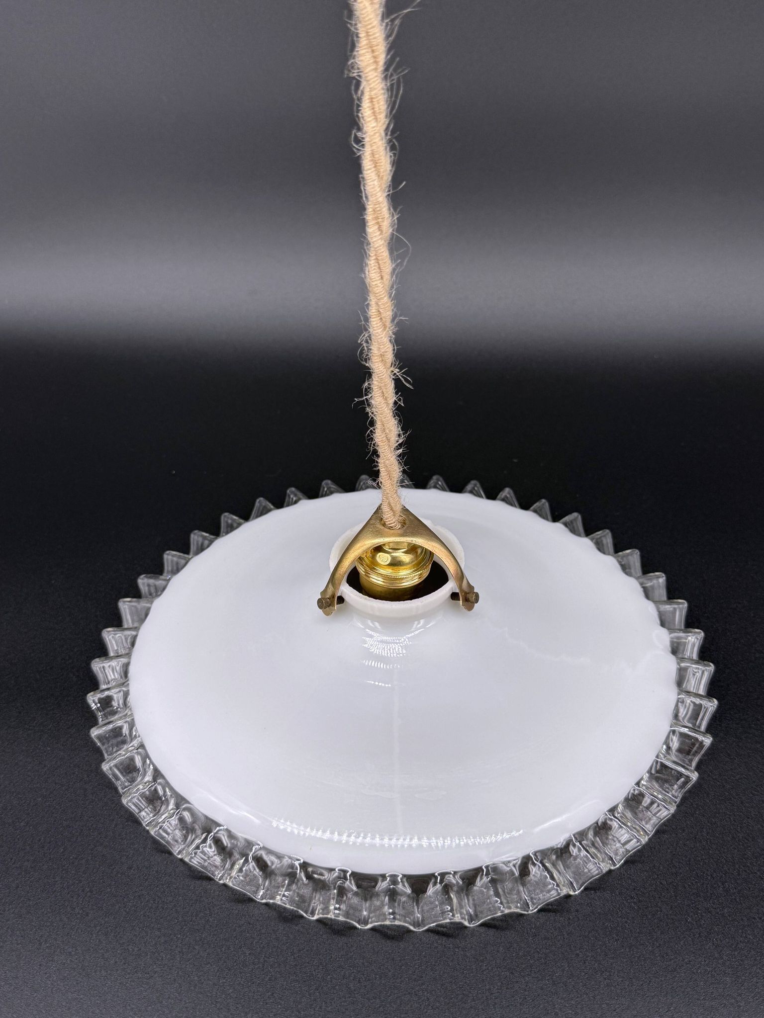 Vintage white opaline pendant light with scalloped edge – raffia and silk cable