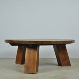 BRUTALIST / massive oak round coffee table / 1970s