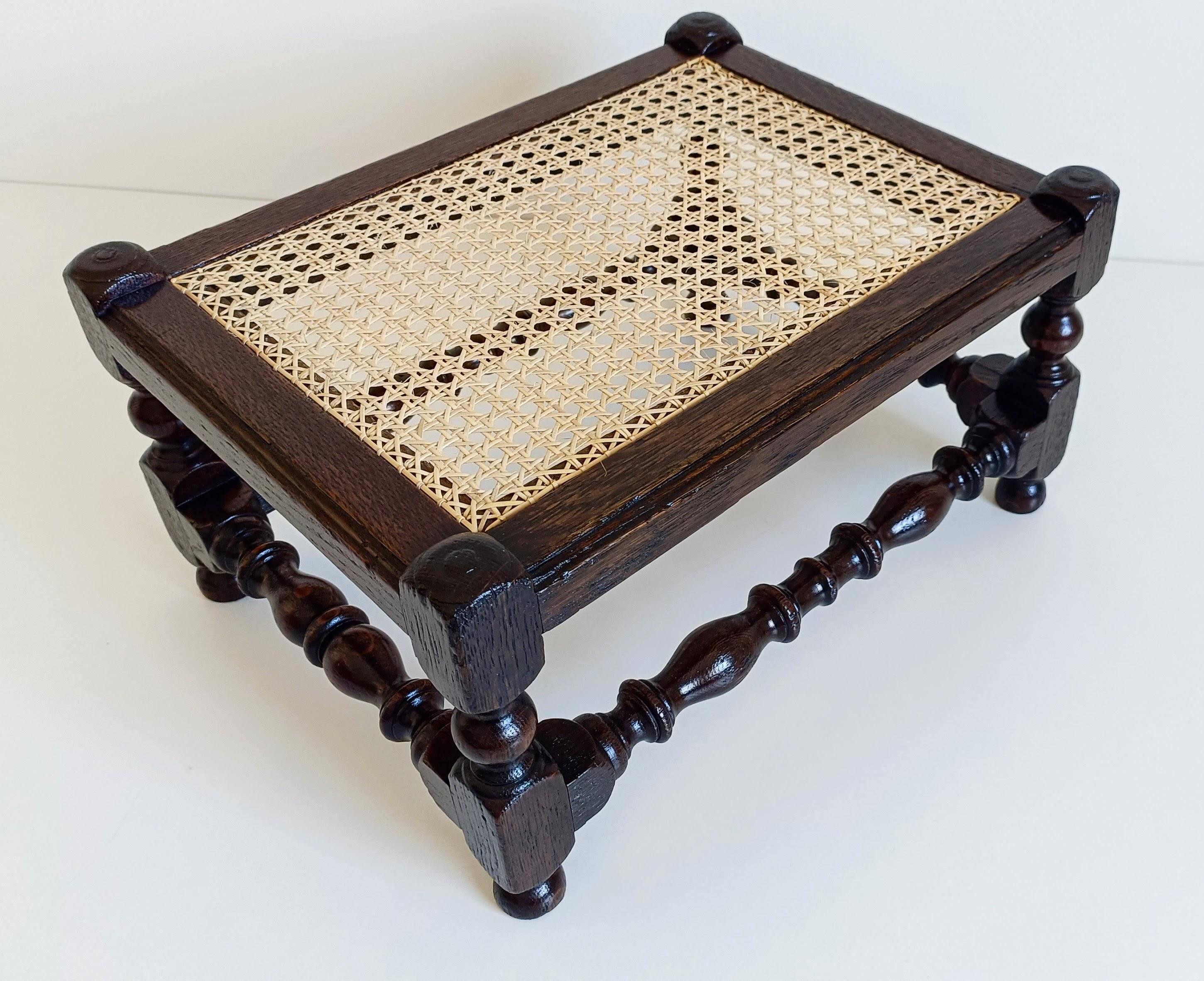 Antique Belle Epoque Oak Wood and Cane Footstool/ Occasional Table, late 19th-C