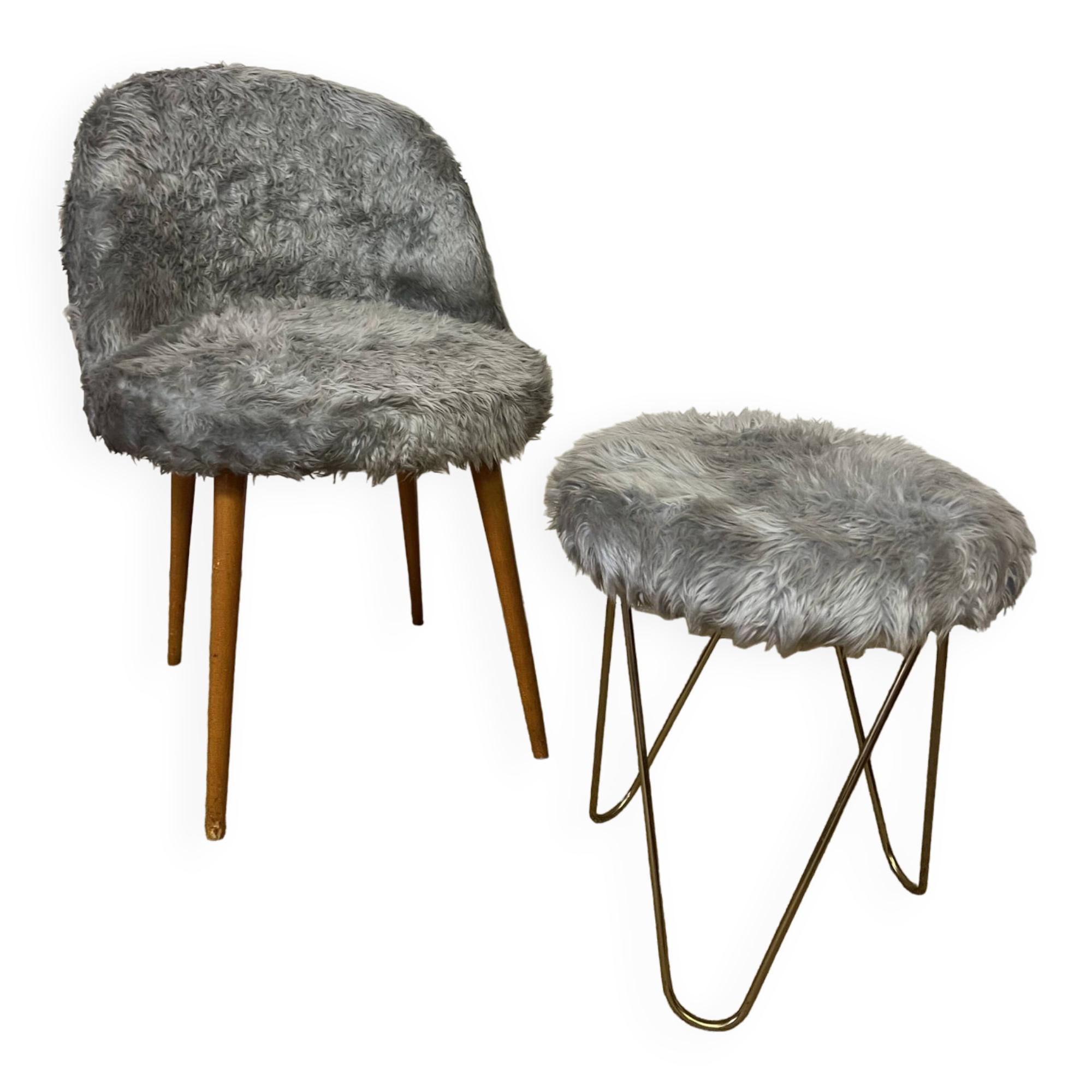 Vintage moumoute armchair and stool