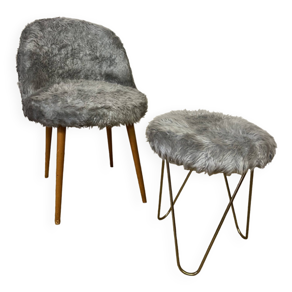 Fauteuil et tabouret moumoute vintage