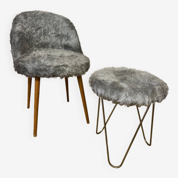 Vintage moumoute armchair and stool