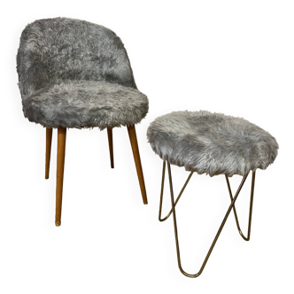 Fauteuil et tabouret moumoute vintage