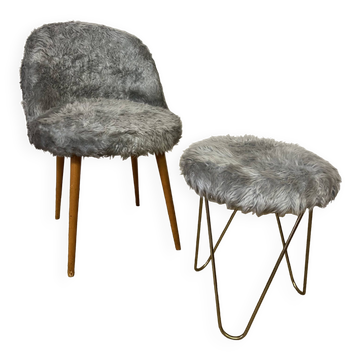 Vintage moumoute armchair and stool