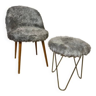Vintage moumoute armchair and stool