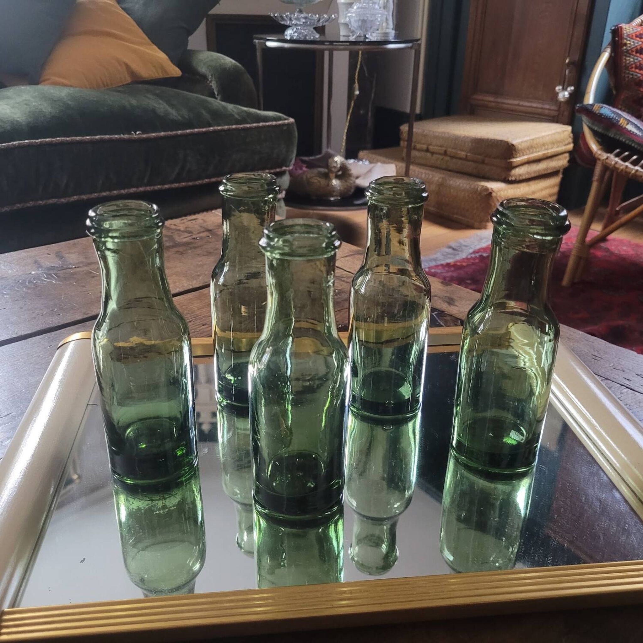 Lot of 5 vintage green bubble glass bottles (1950-1970)
