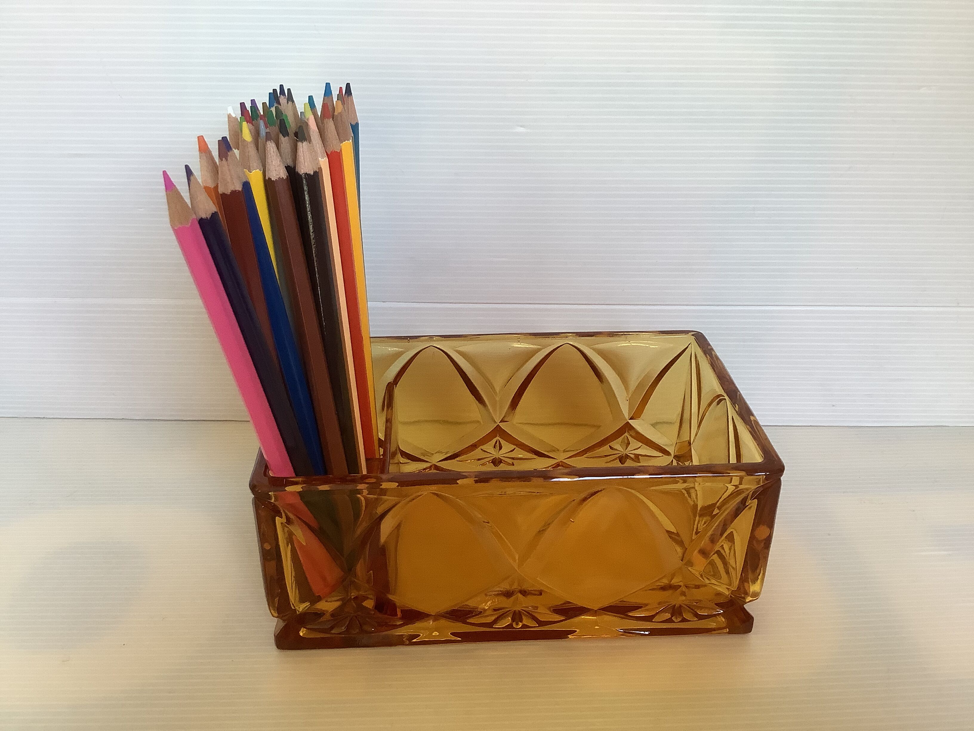 Old yellow thick glass desk organizer