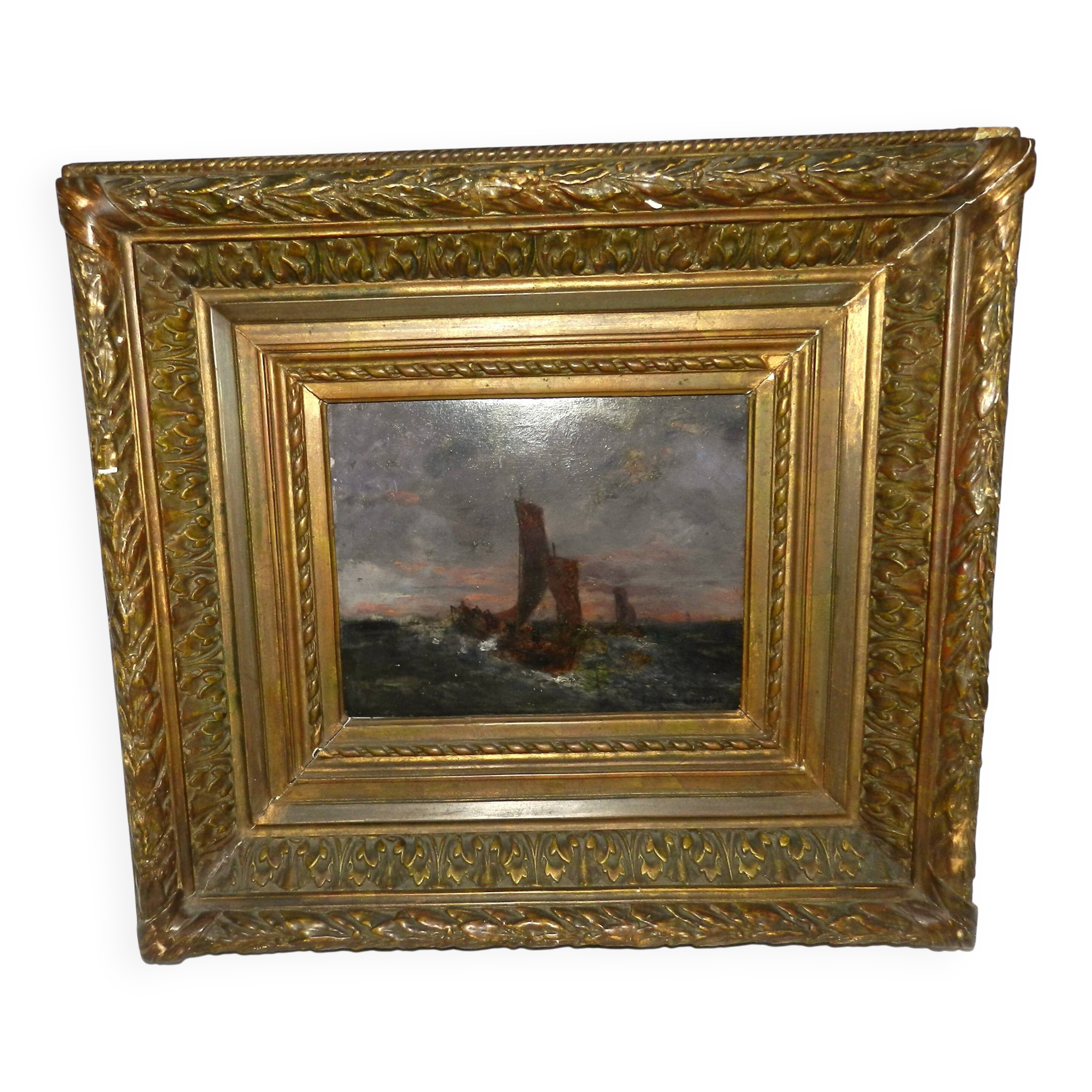 19th-century painting signed by Gaston Roullet, marine painter.