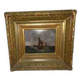19th-century painting signed by Gaston Roullet, marine painter.