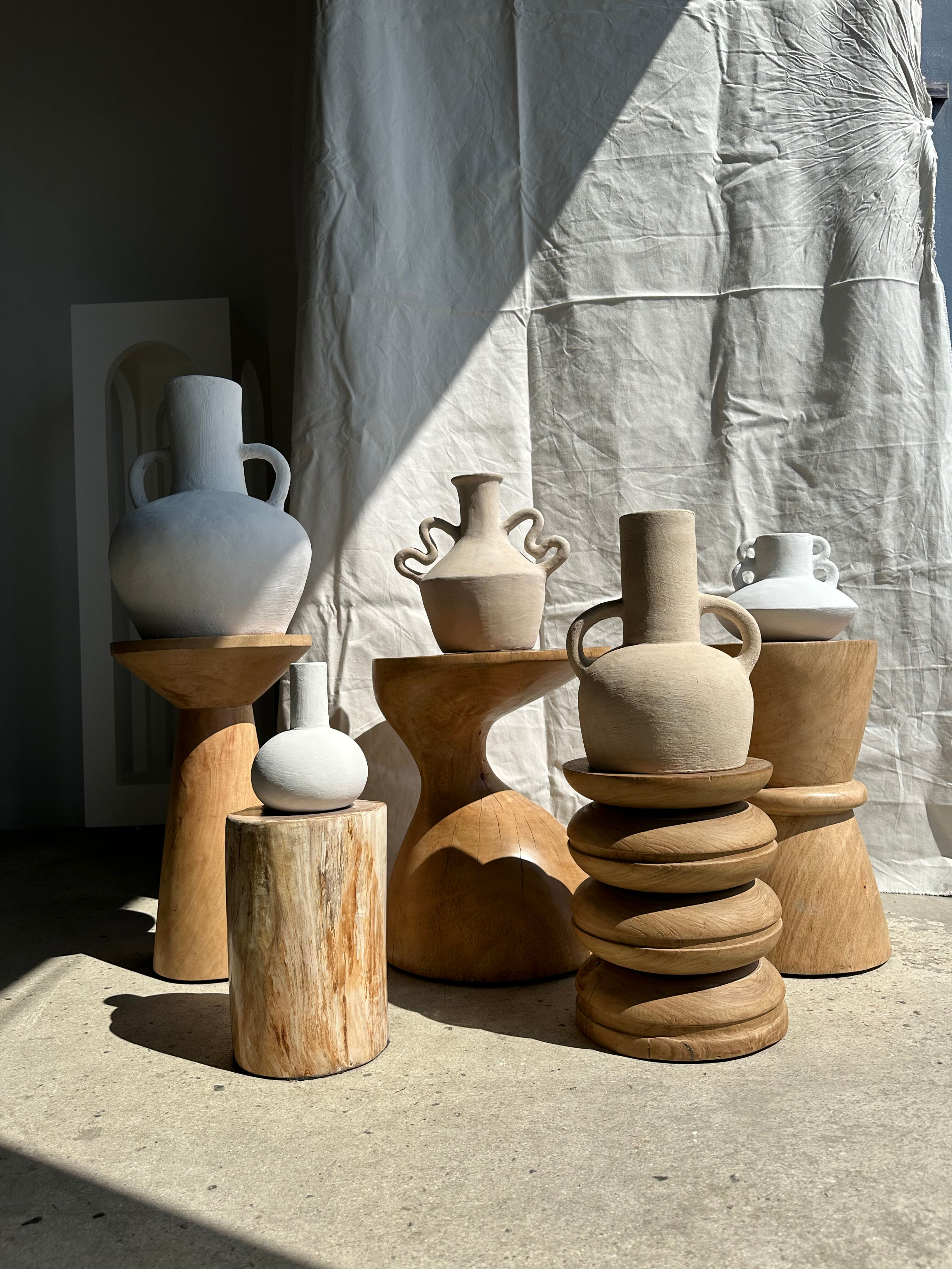 Handcrafted terracotta vase painted white with double handles h:40 d:30