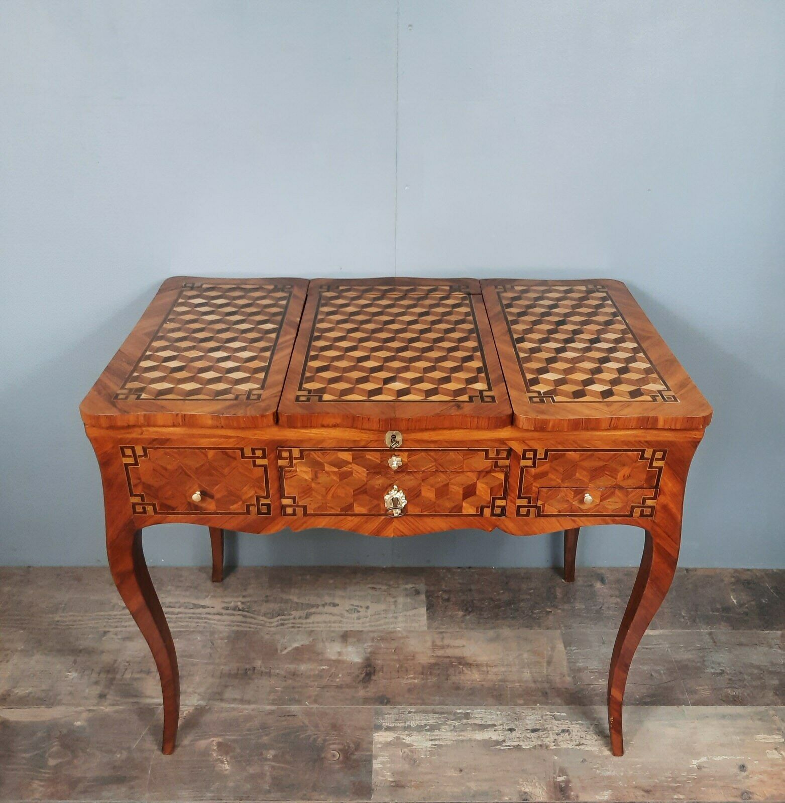 Dame dressing table with Louis XV style flap inlaid in precious wood NINETEENTH
