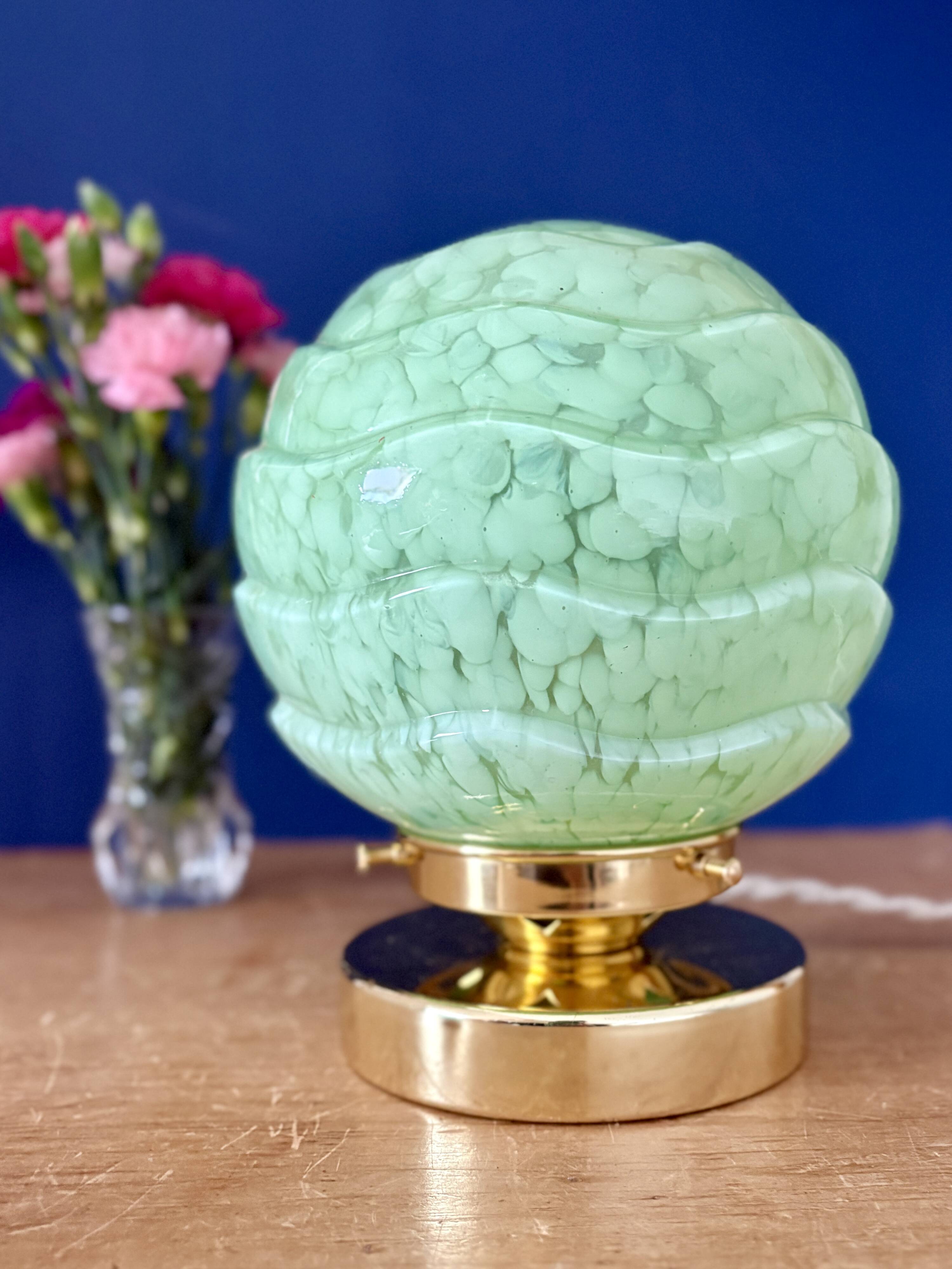 Vintage art deco globe table lamp in mint green Clichy glass