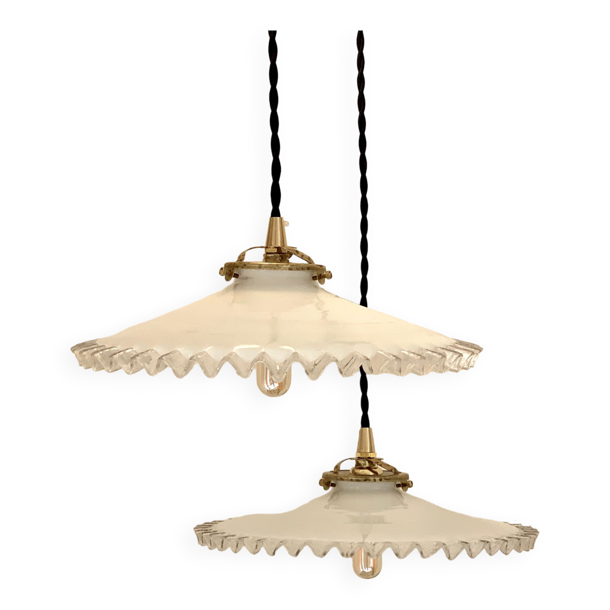 Pair of serrated opaline pendant lamps