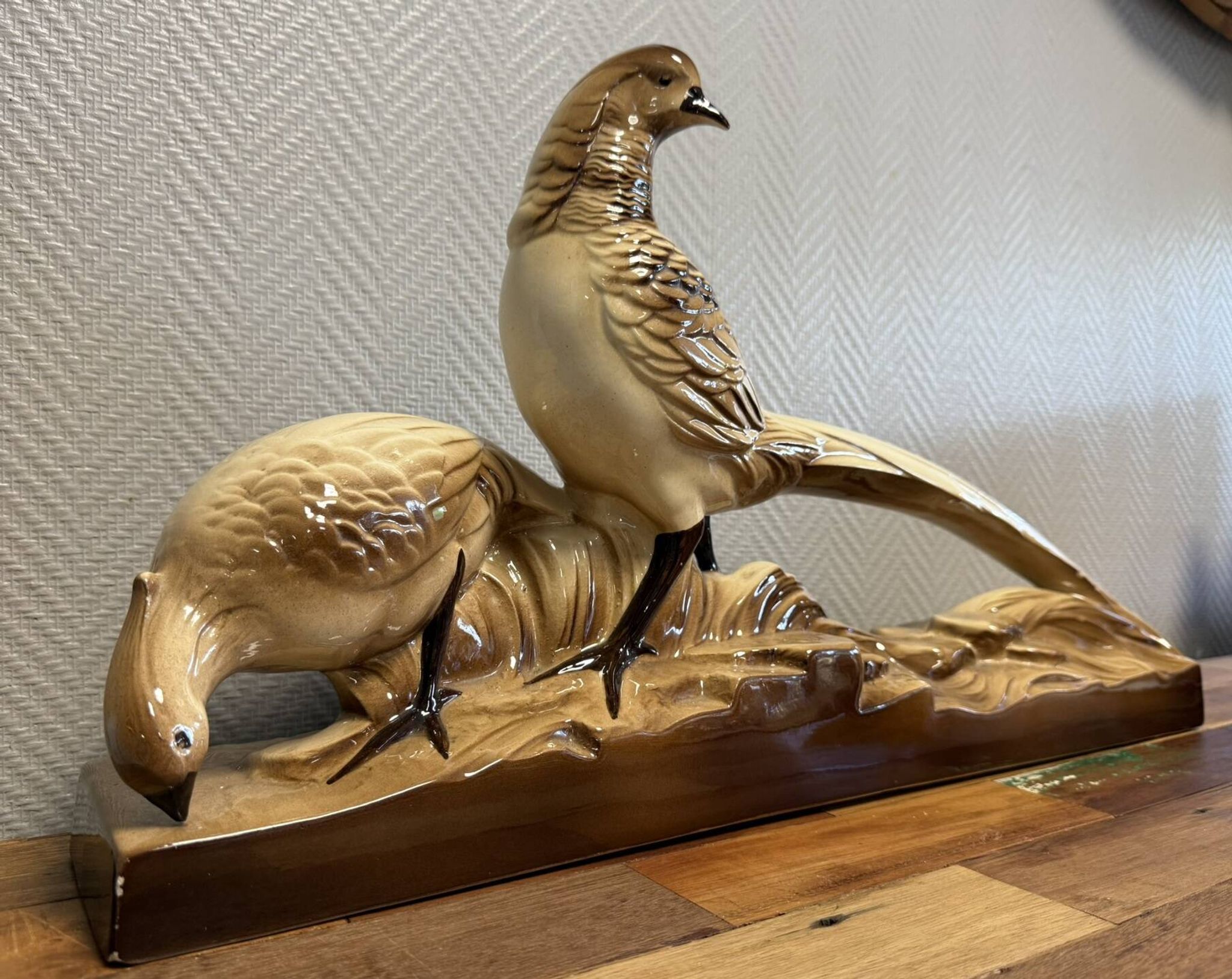 Pair of golden pheasants from the Art Deco period in brown glazed ceramic