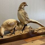 Pair of golden pheasants from the Art Deco period in brown glazed ceramic