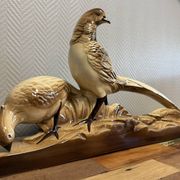 Pair of golden pheasants from the Art Deco period in brown glazed ceramic
