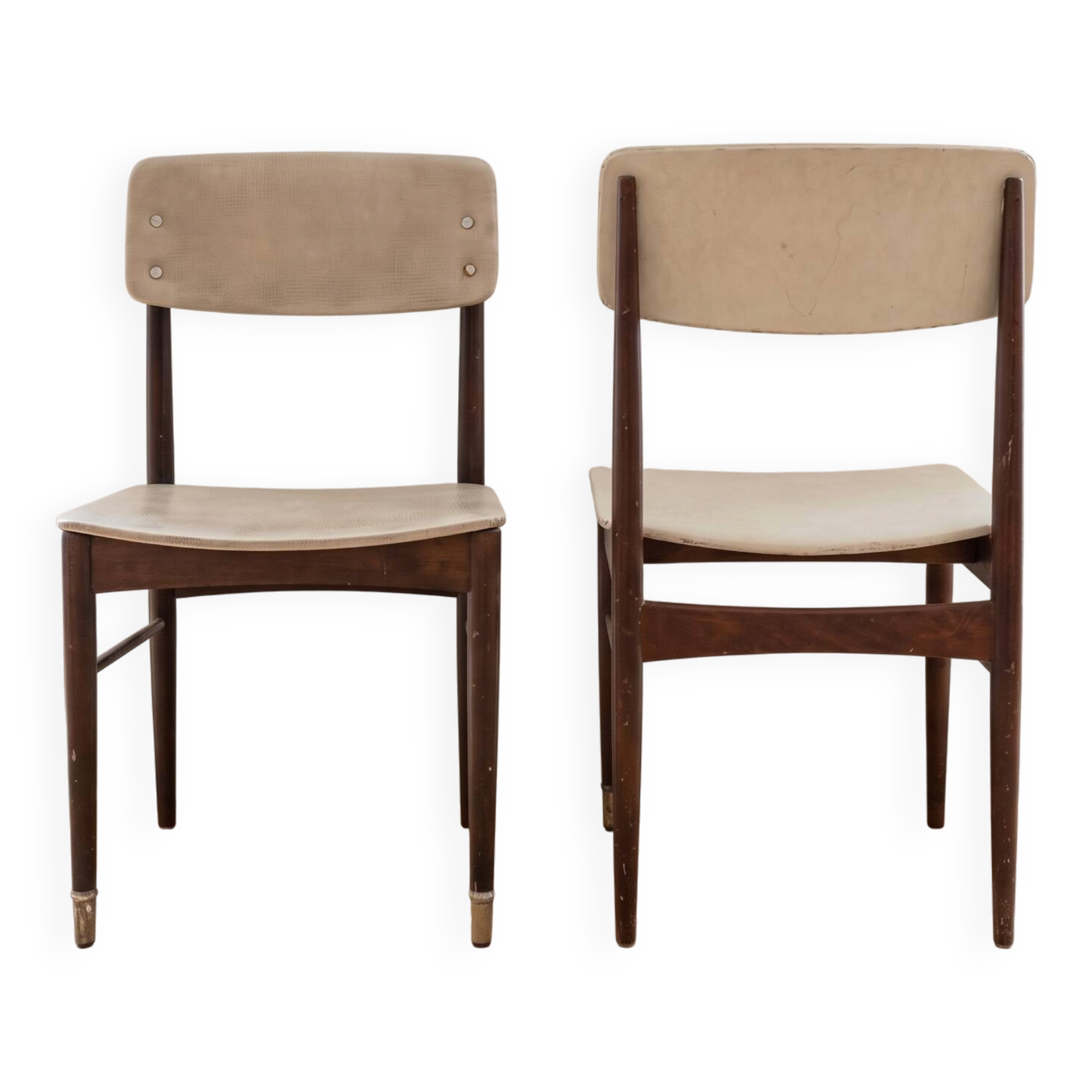 Set of 6 vintage 1950s chairs in wood and faux leather.