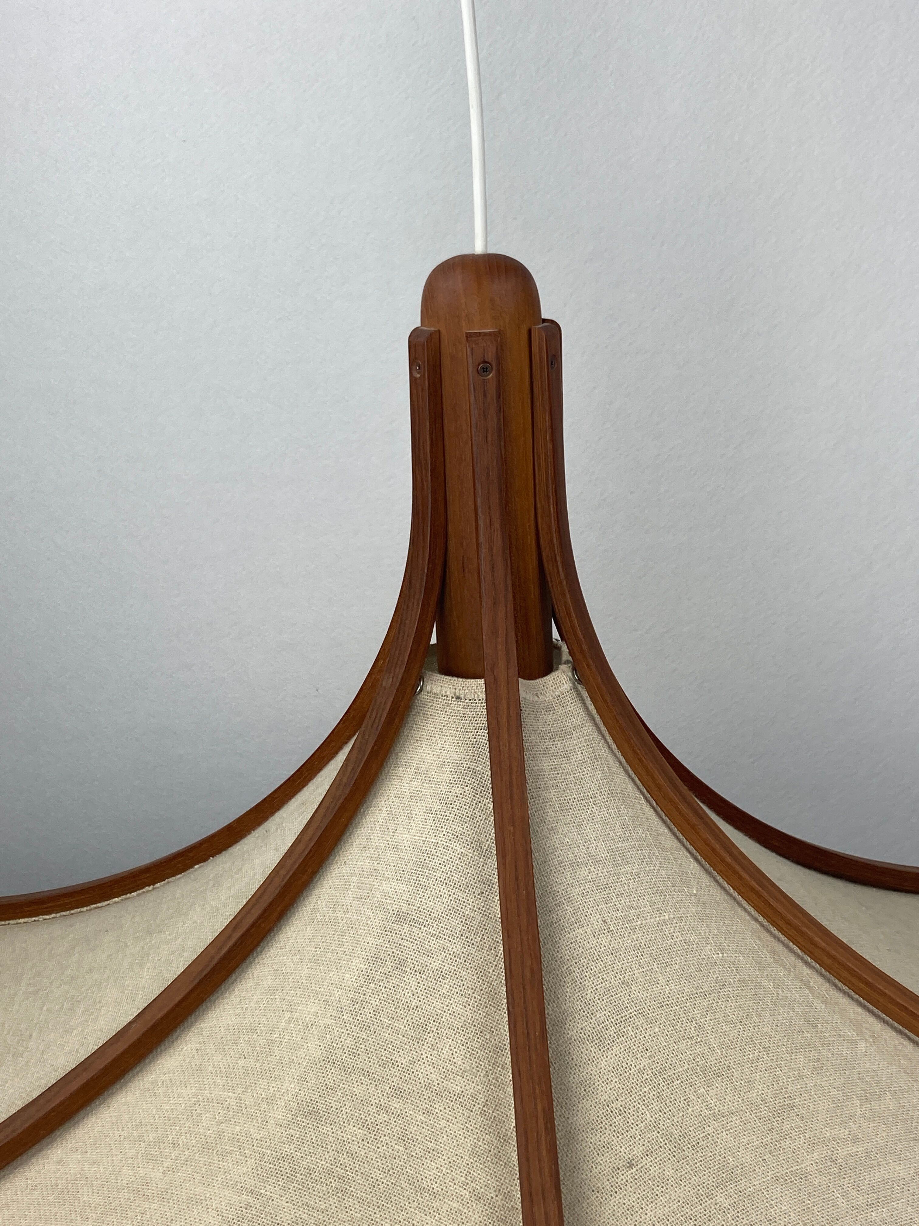 Teak and linen umbrella pendant by Domus, 1970s