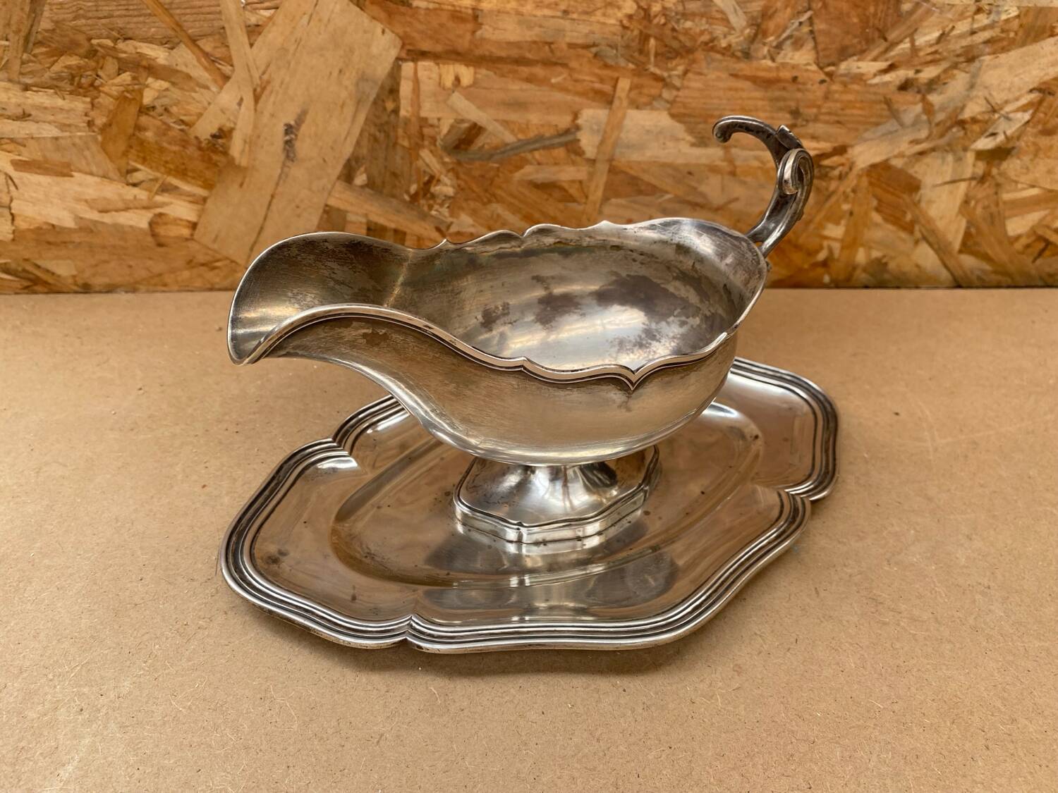 Antique silver metal gravy boat vintage kitchen utensil
