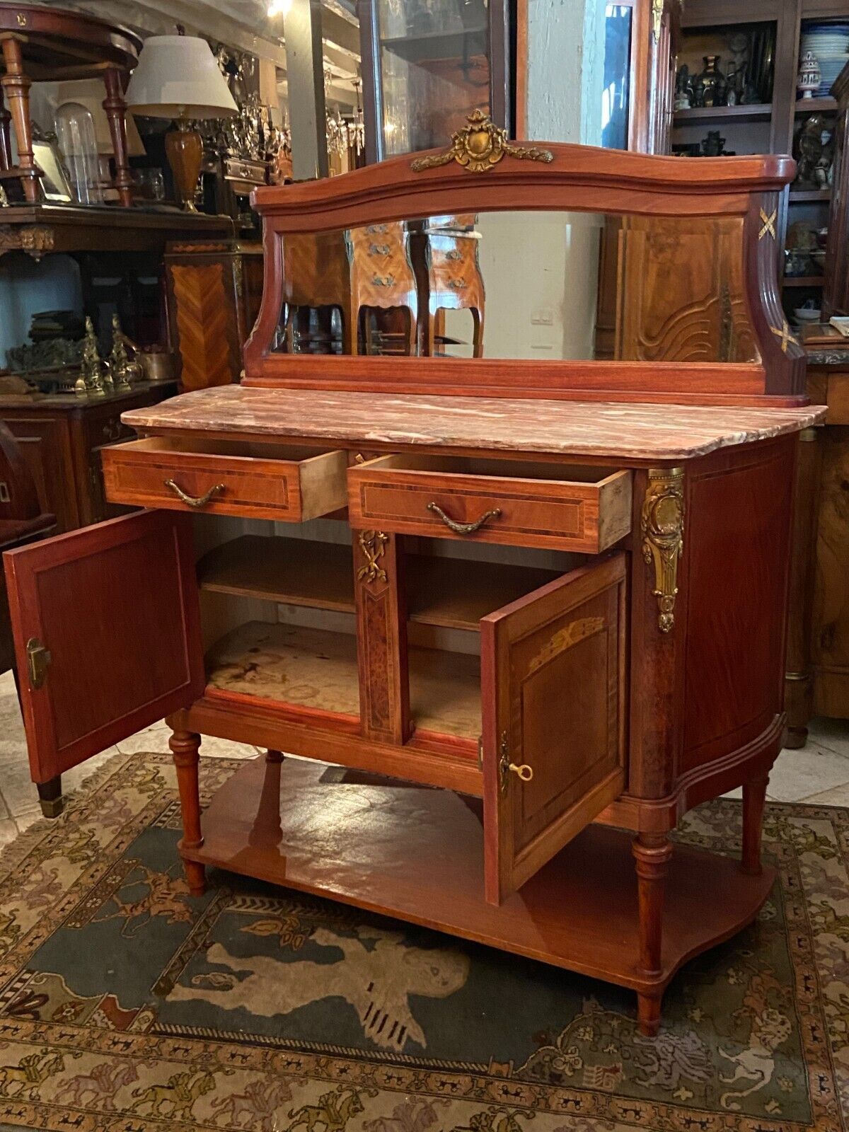 Desserte buffet with mirror background credenza and Louis XVI style marble top