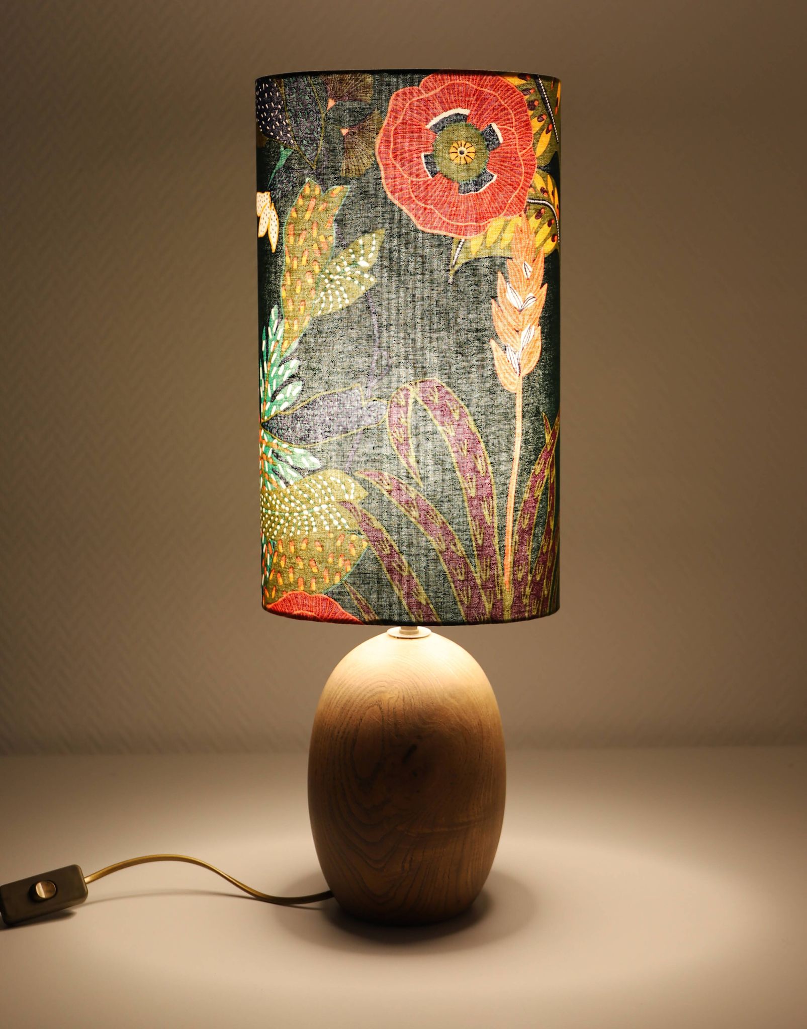 Table lamp, Mid-Century carved wood base, and Jungle Floral lampshade