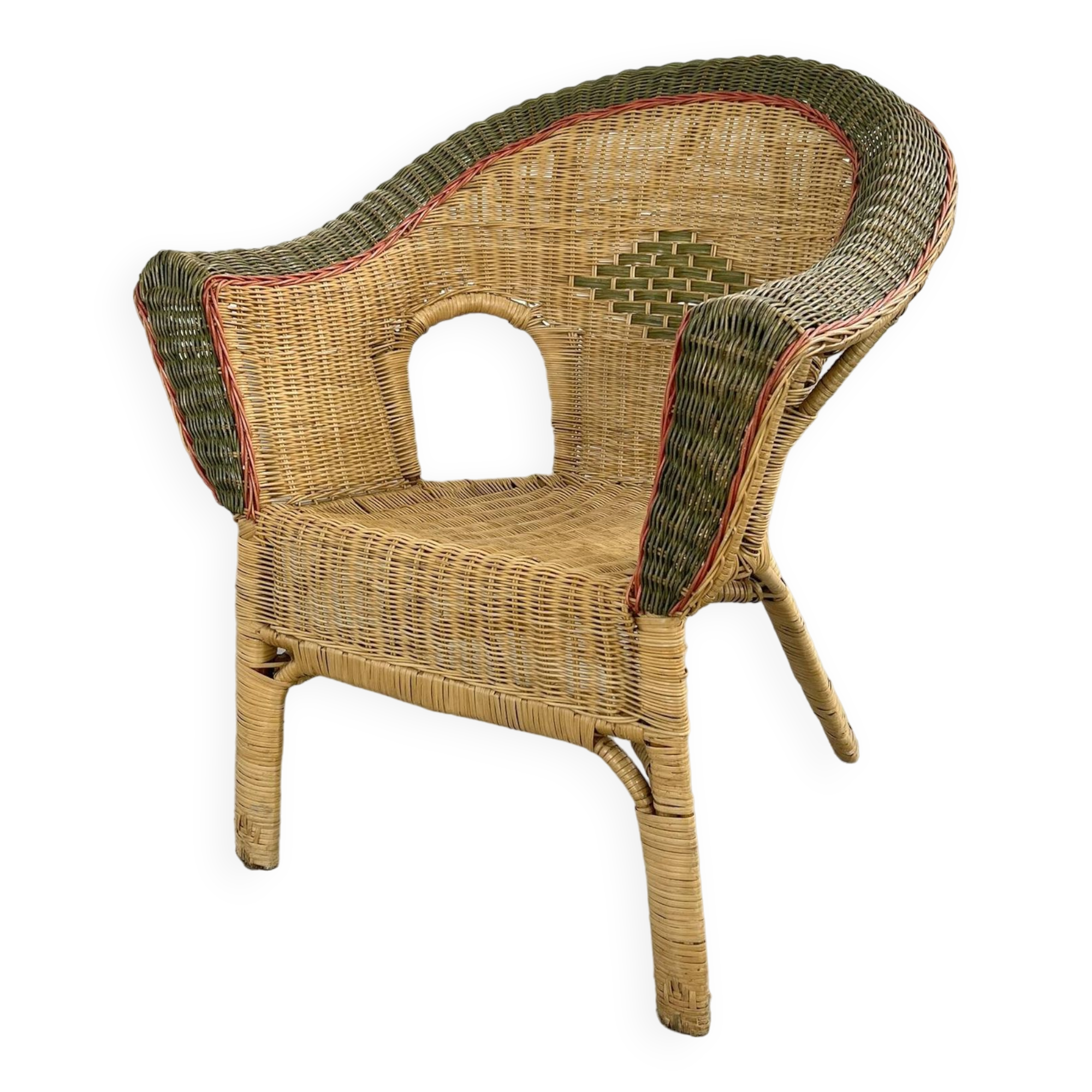 Cabriolet style armchair in rattan, wicker and green and red edging