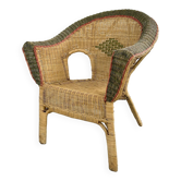 Fauteuil style cabriolet en rotin, osier et liseré vert et rouge