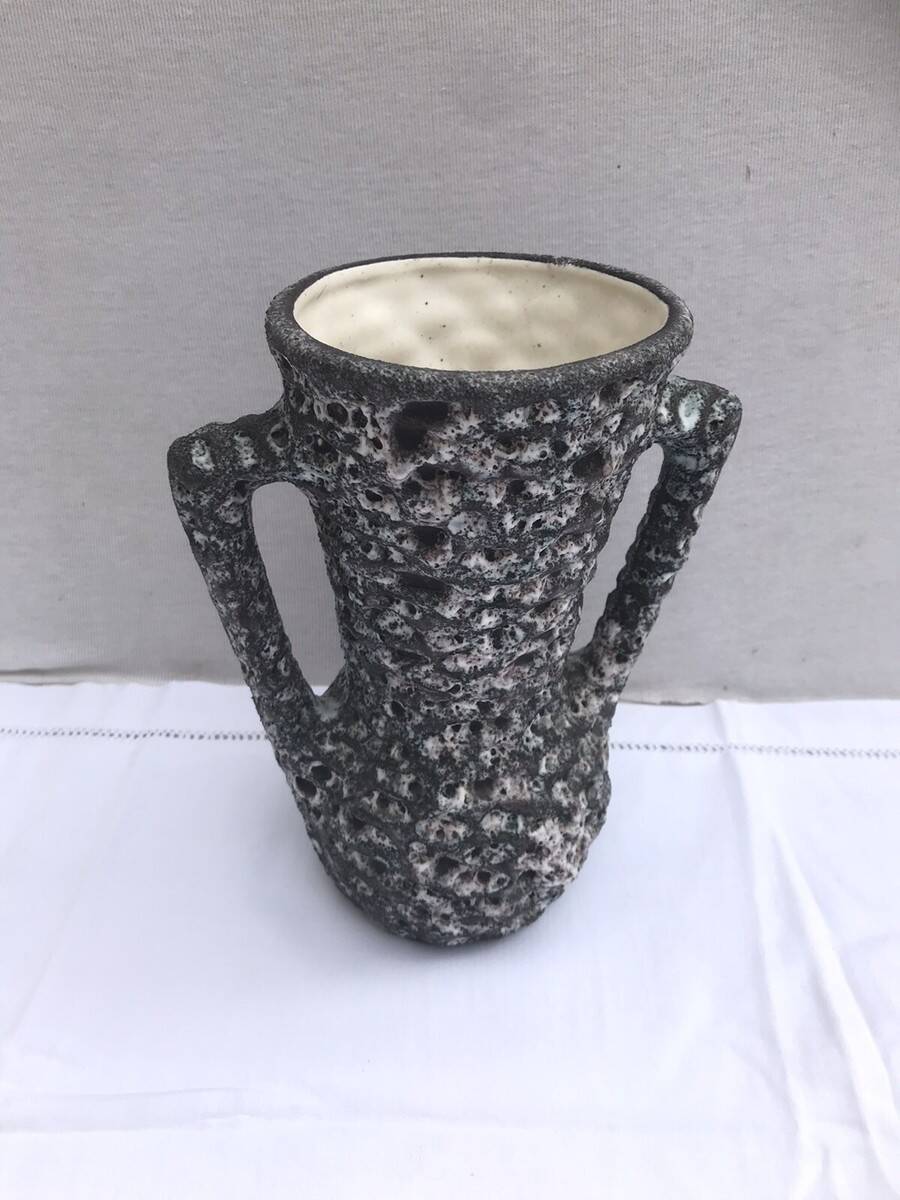 Vintage annette roux fat lava ceramic grey & white foams ancient vase
