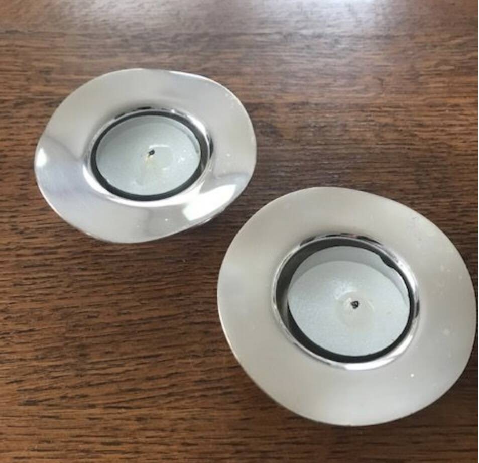 Pair of round candlesticks in silver metal, Danish design