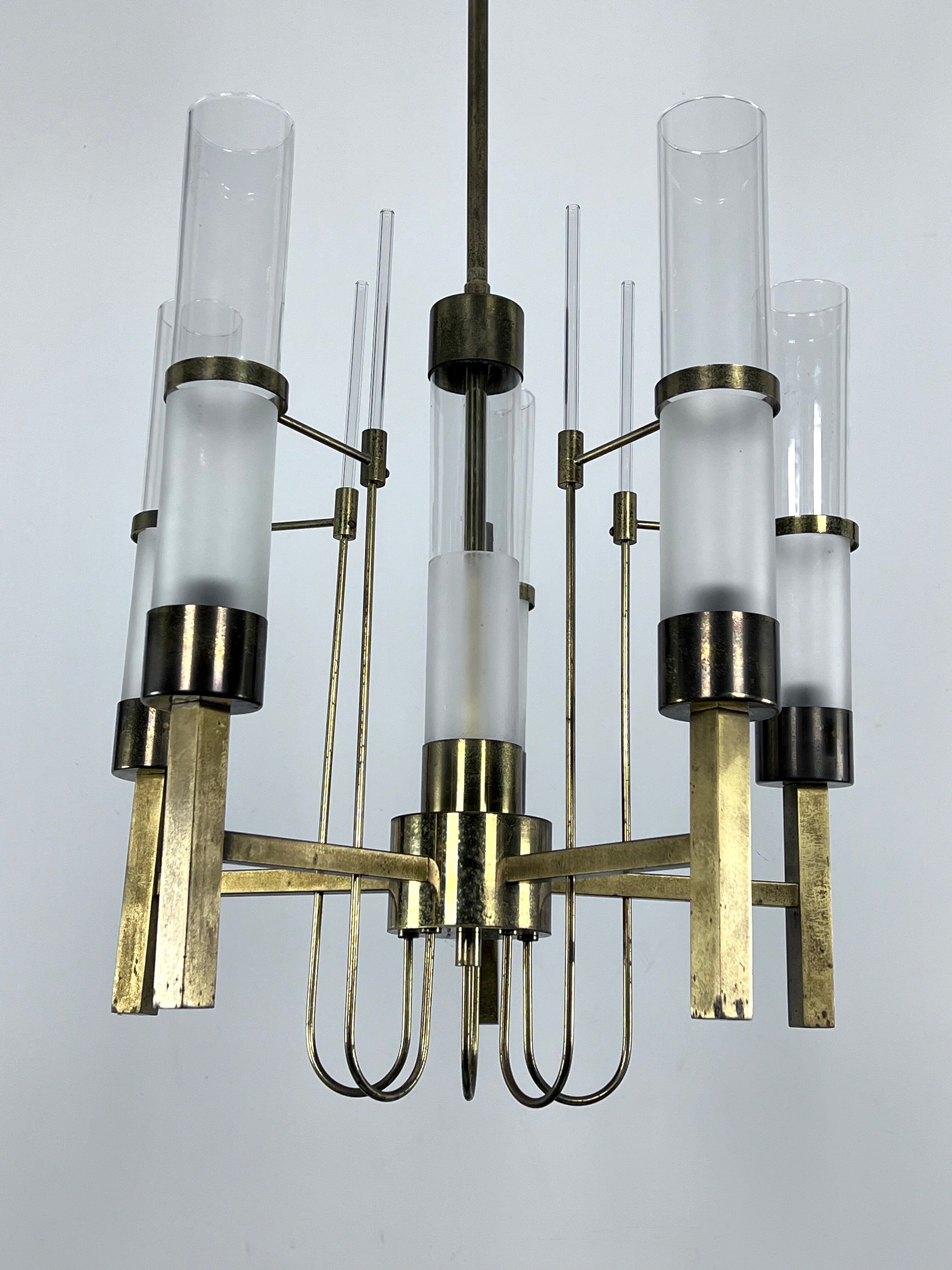 Sciolari, five arms brass and glass tube chandelier. Italy 1960s