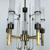 Sciolari, five arms brass and glass tube chandelier. Italy 1960s