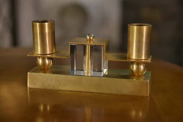 Pair of brass and Bohemian crystal wall lights in the style of Jean Royère, 1940s