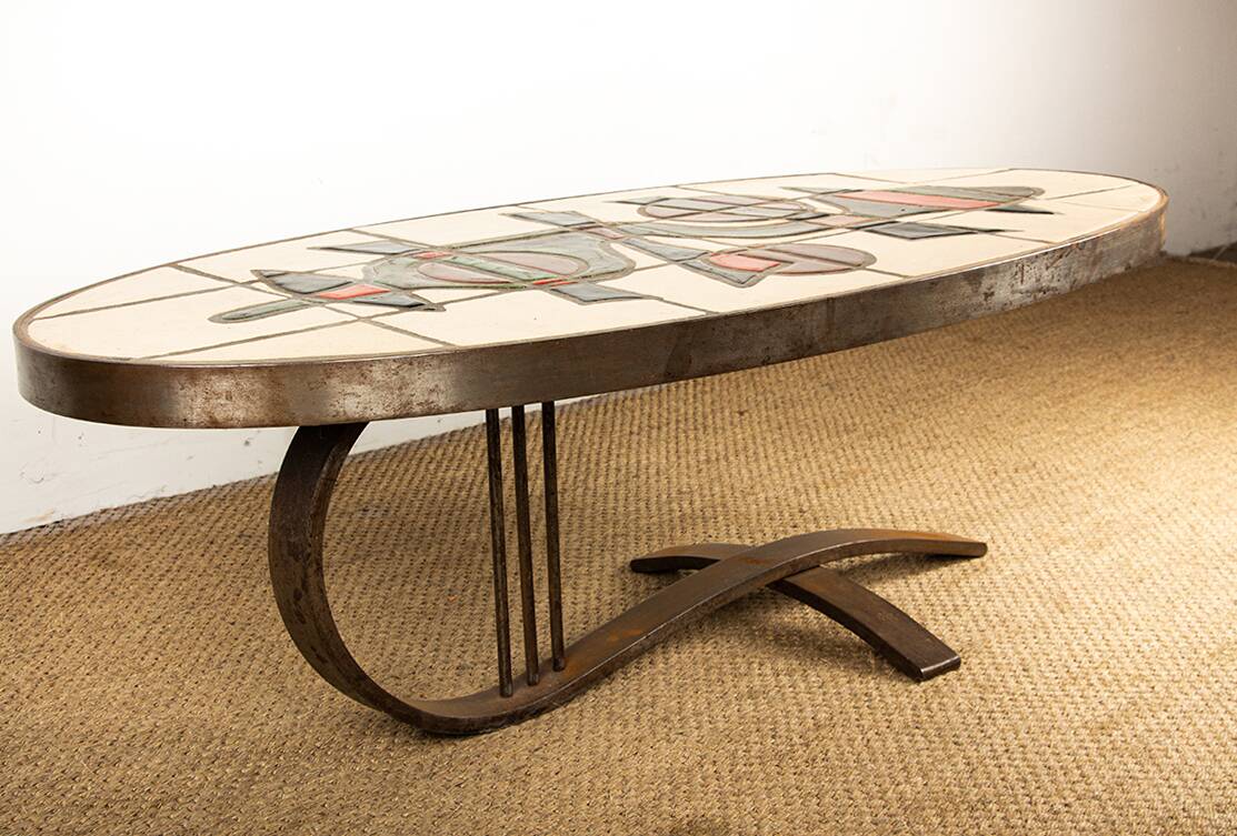 Table basse Française, Acier Chromé et Céramique par Barrois Vallauris 1960