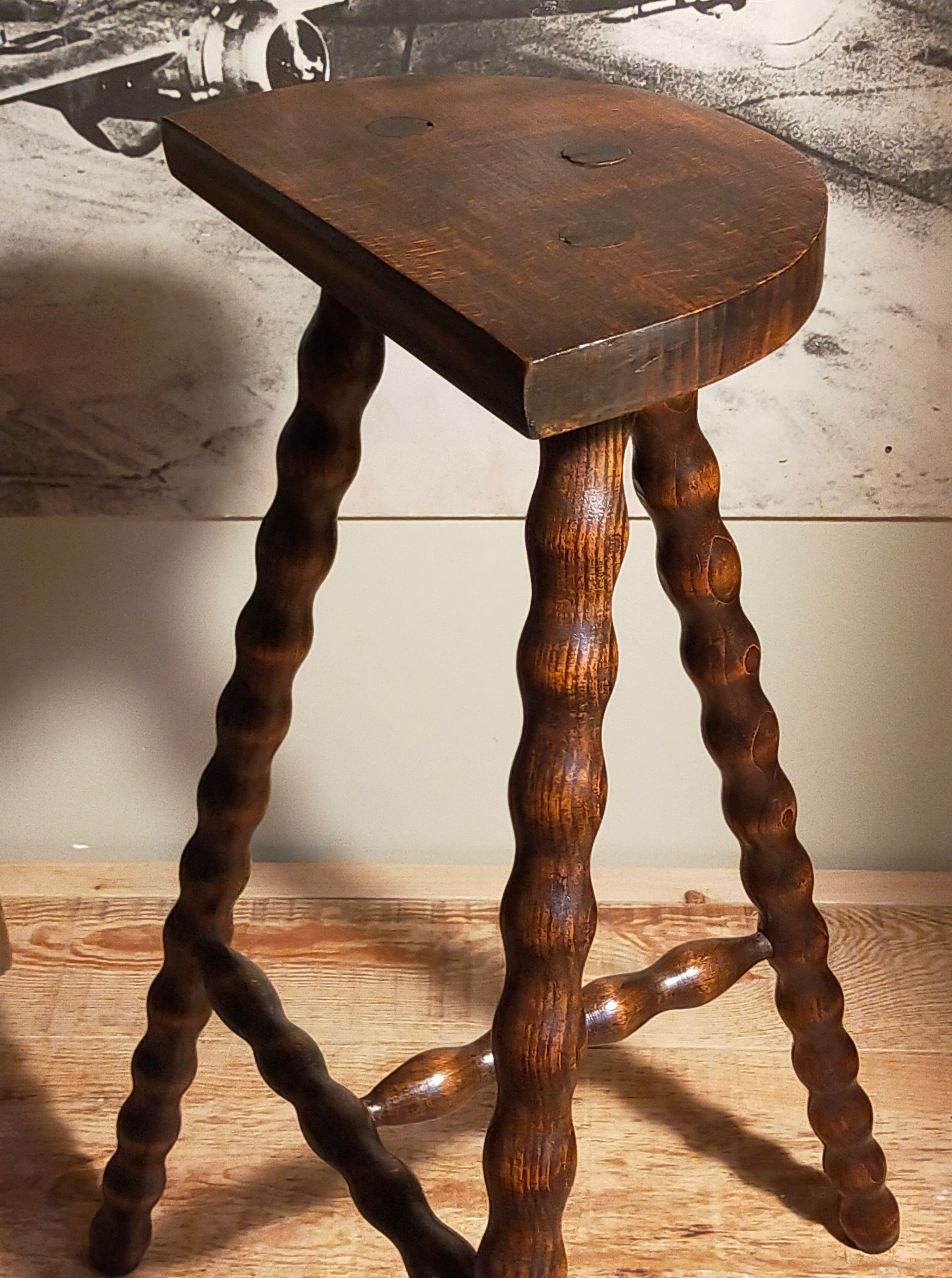 Stool high tripod solid wood turned vintage
