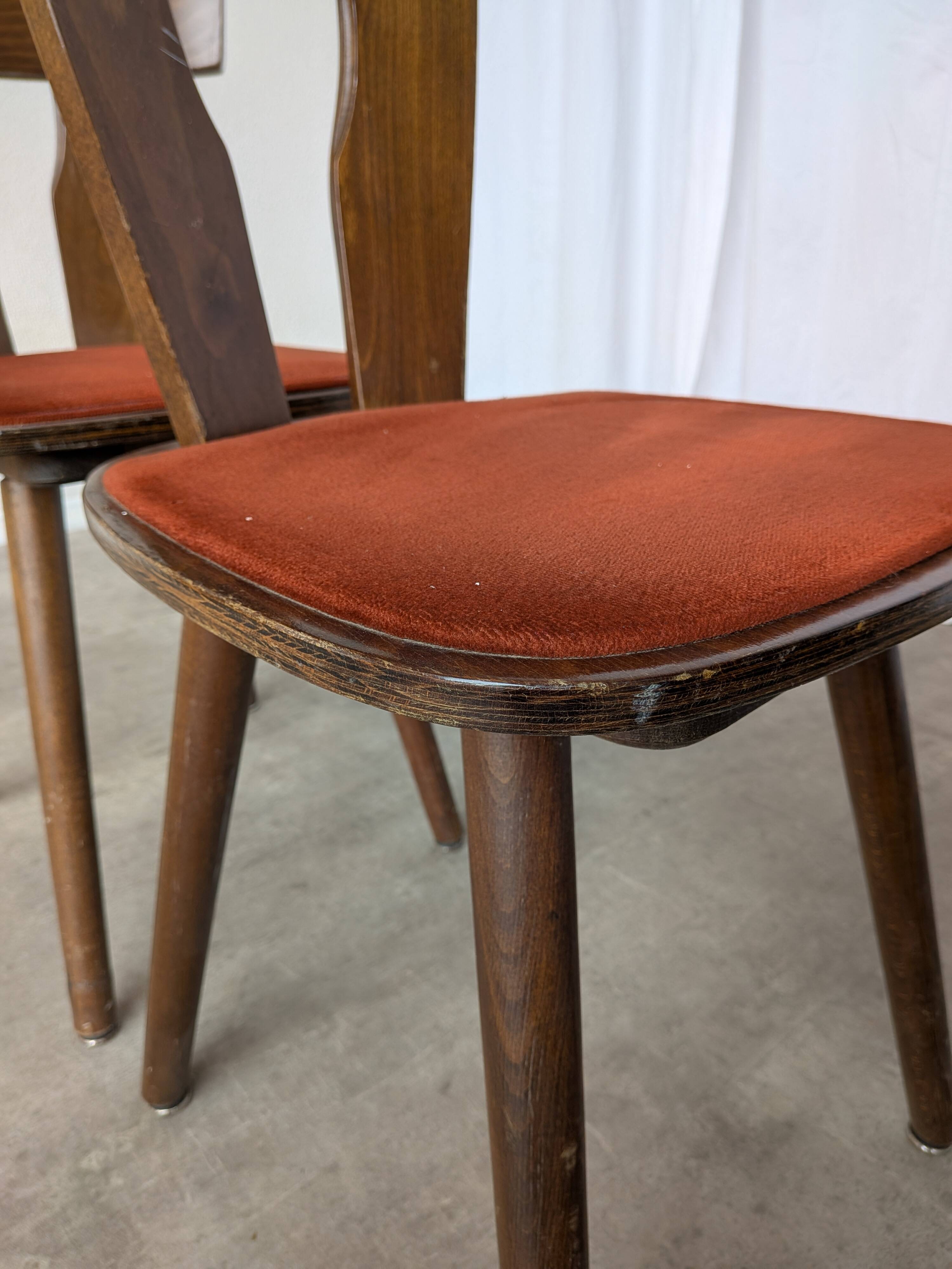 Vintage Tyrolean Dining Chairs: Set of 4, Red Fabric Seat, 1970s