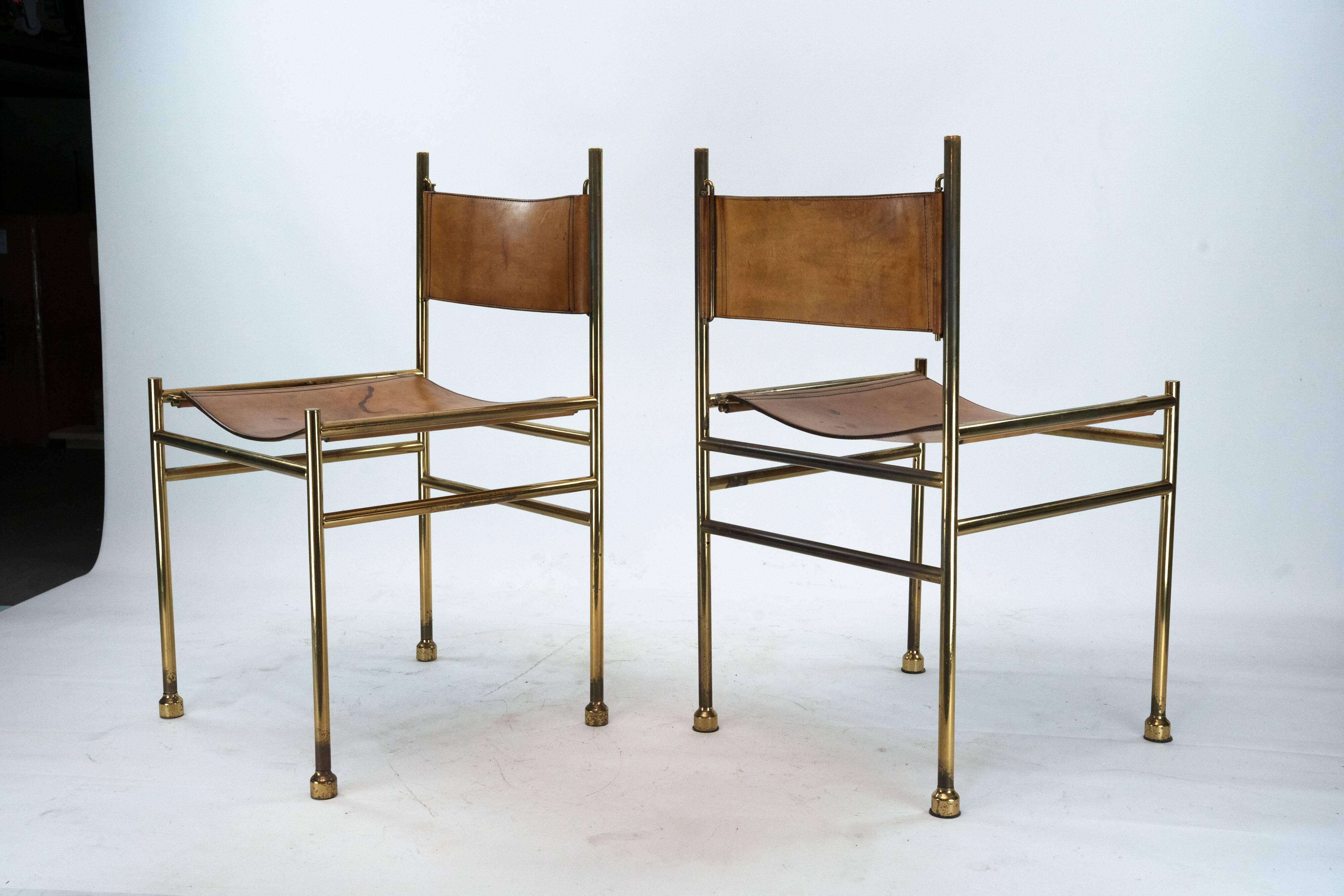 Set of 4 Brass and Leather Chairs by Luciano Frigerio, Italy, 1970s