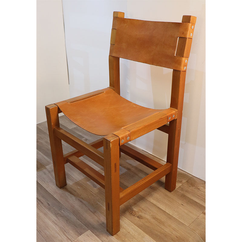 Série de 4 chaises vintage maison regain en orme et cuir 1970
