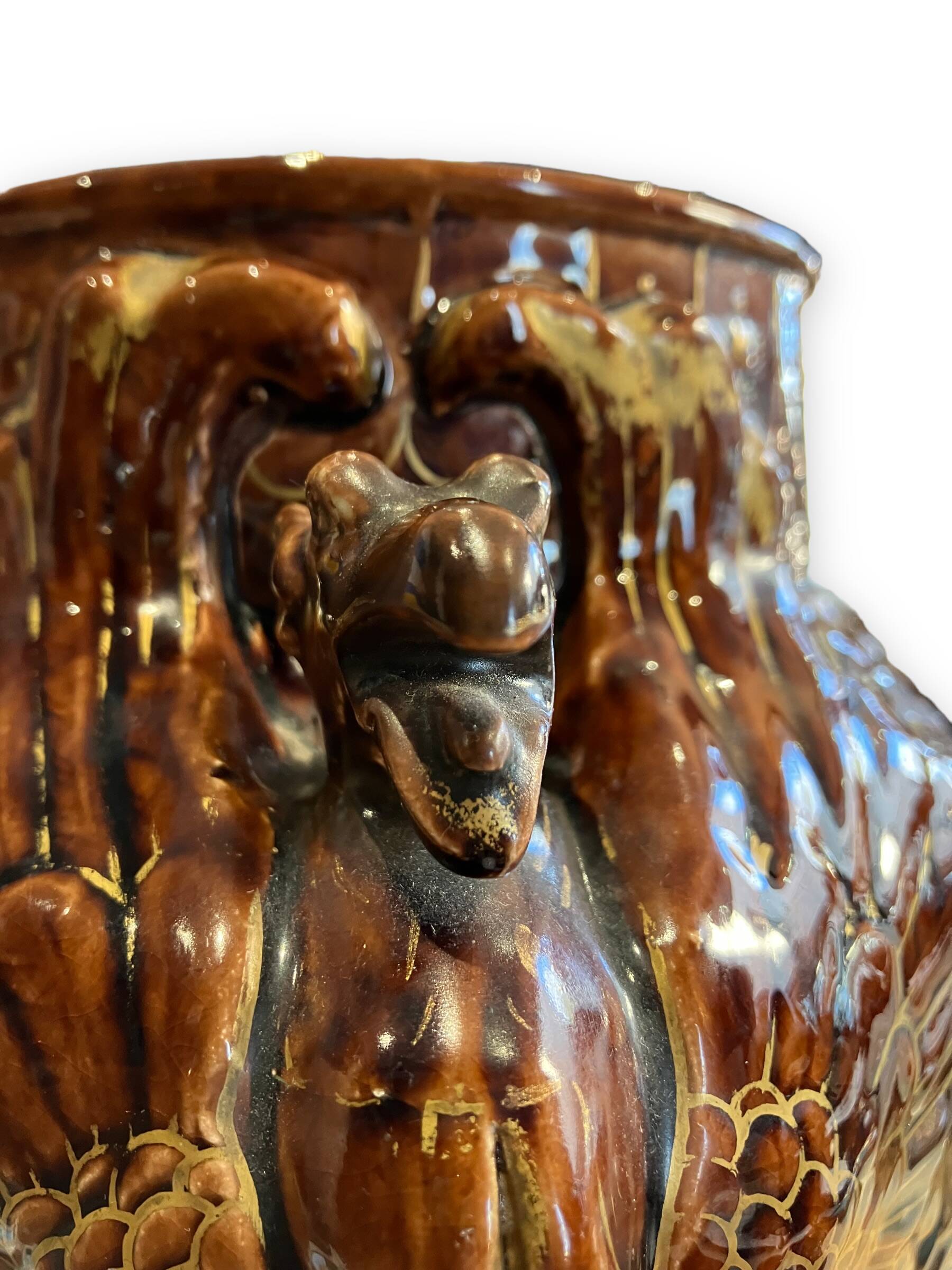 Important Longchamp Griffon vase in golden ceramic