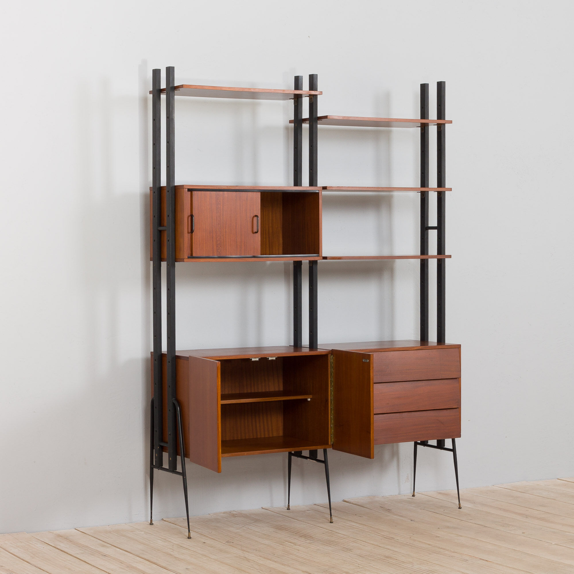 Italian mid century 2 bay teak wall unit free standing, 1960s