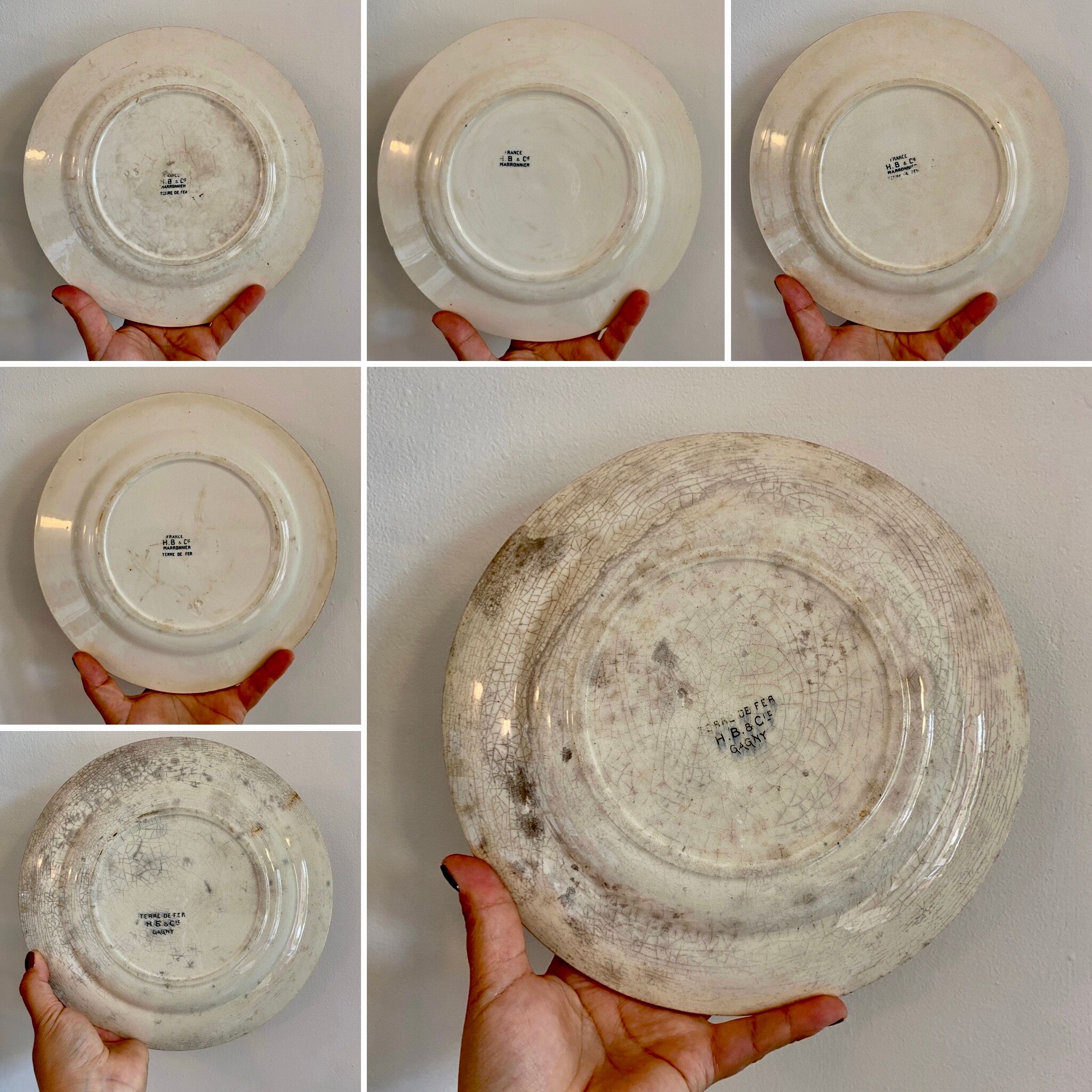 Set of 6 mismatched old iron earth flat plates
