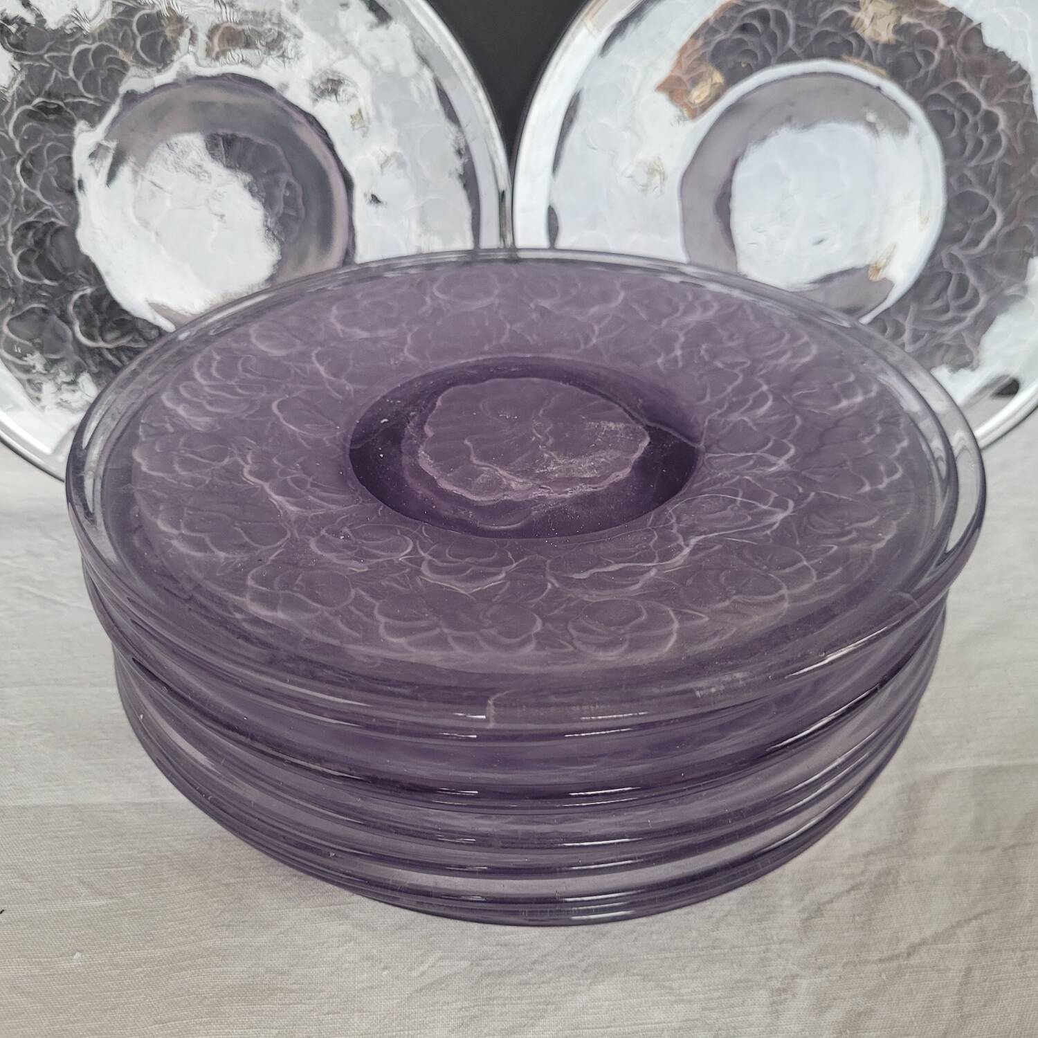 Moulded glass dessert plates – floral pattern – 1930s–1950s