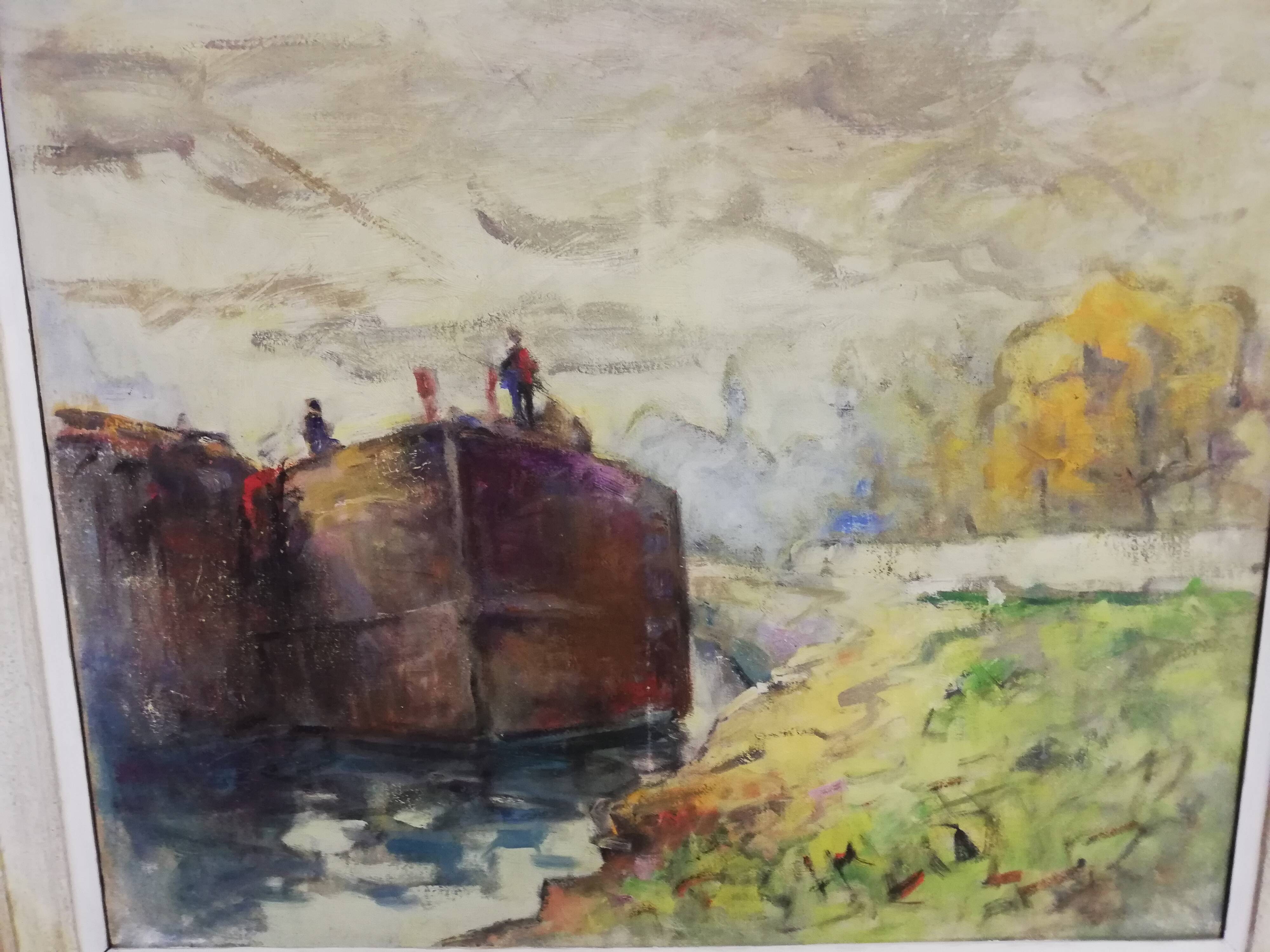 Oil on canvas "barge on the banks of the Seine"