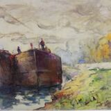 Oil on canvas "barge on the banks of the Seine"