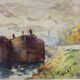 Oil on canvas "barge on the banks of the Seine"