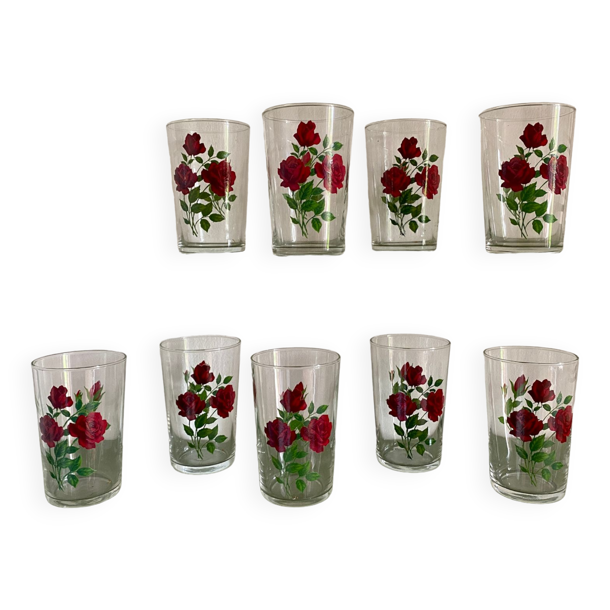 Set of 9 vintage glasses with flower designs - red roses -