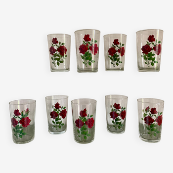 Lot de 9 verres vintage aux dessins de fleurs - roses rouges -