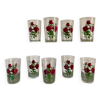 Set of 9 vintage glasses with flower designs - red roses -